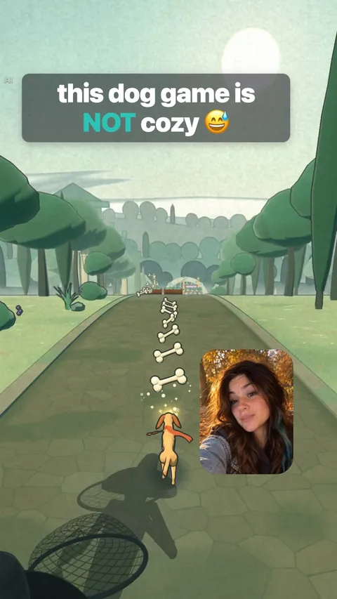 Still from a Mika video about Runaway Tail: a dog runs along a path, the text “this dog game is NOT cozy” above, Mika in a small window